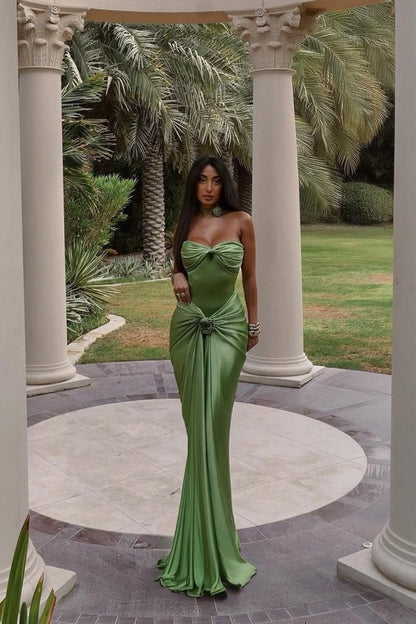 Green Ruched Bodice Mermaid Draped Maxi Prom Dress With Rosette Detail Formal Evening Gown