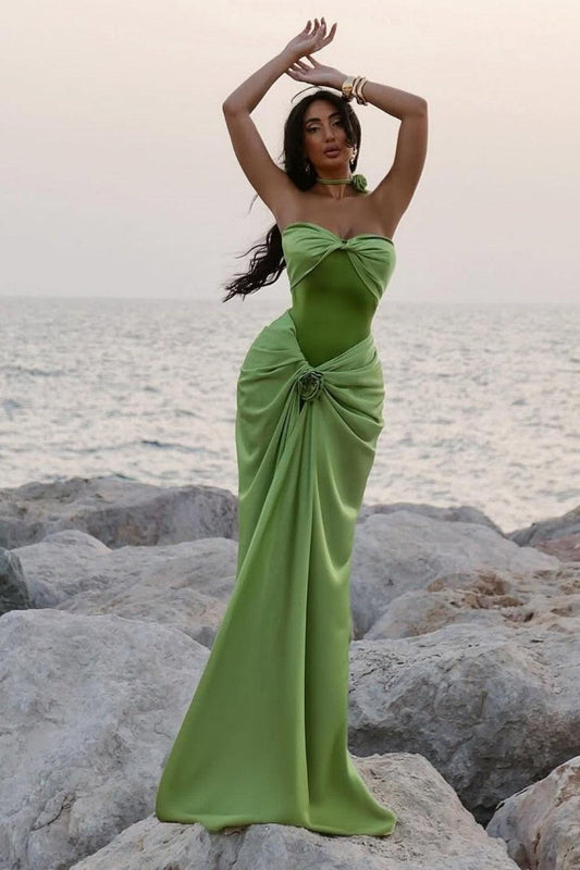 Green Ruched Bodice Mermaid Draped Maxi Prom Dress With Rosette Detail Formal Evening Gown