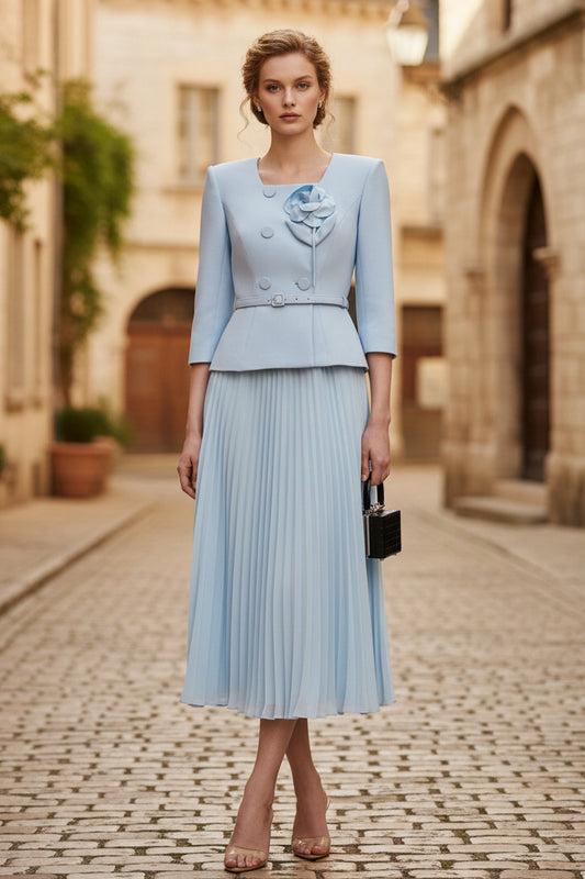 3/4 Sleeve Flowers Button Belt A-Line Ankle-Length Evening Dress