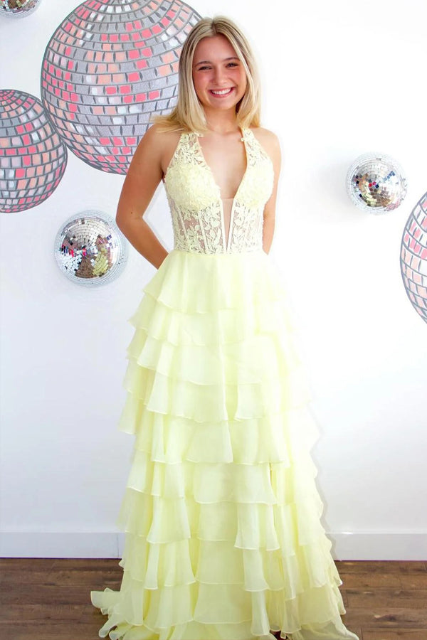Halter Light Blue Lace Appliques Chiffon Ruffle Prom Dress