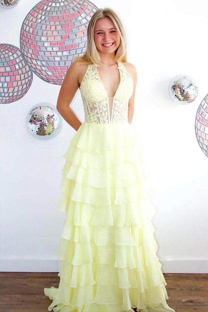 Halter Light Blue Lace Appliques Chiffon Ruffle Prom Dress