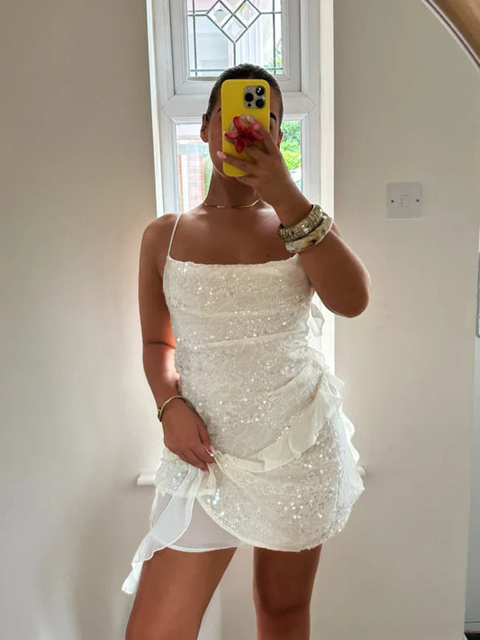 Spaghetti Straps Sleeveless Sequin Mini Prom Dress