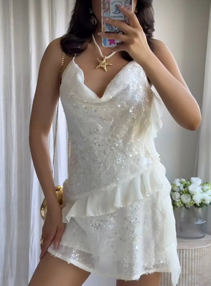 Spaghetti Straps Sleeveless Sequin Mini Prom Dress