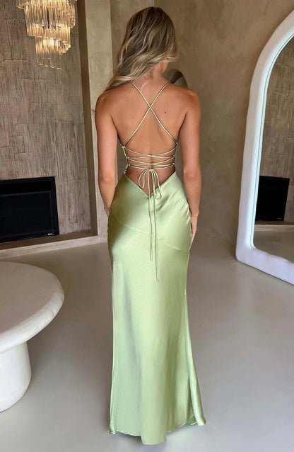 Spaghetti Straps Sleeveless Mermaid Slit Silk Prom Dress