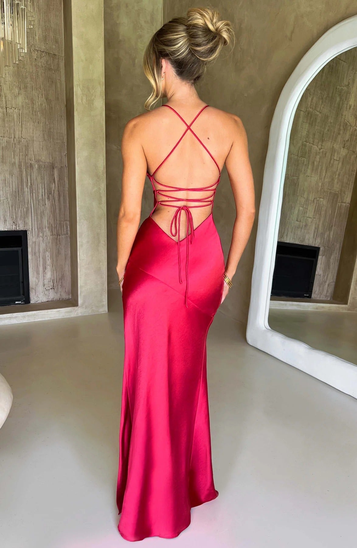 Spaghetti Straps Sleeveless Mermaid Slit Silk Prom Dress
