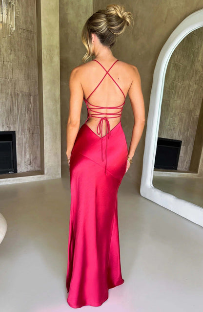 Spaghetti Straps Sleeveless Mermaid Slit Silk Prom Dress
