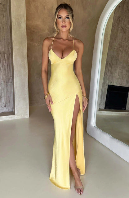 Spaghetti Straps Sleeveless Mermaid Slit Silk Prom Dress