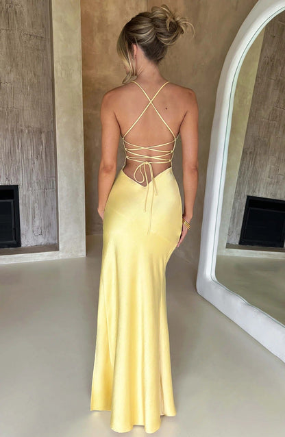 Spaghetti Straps Sleeveless Mermaid Slit Silk Prom Dress