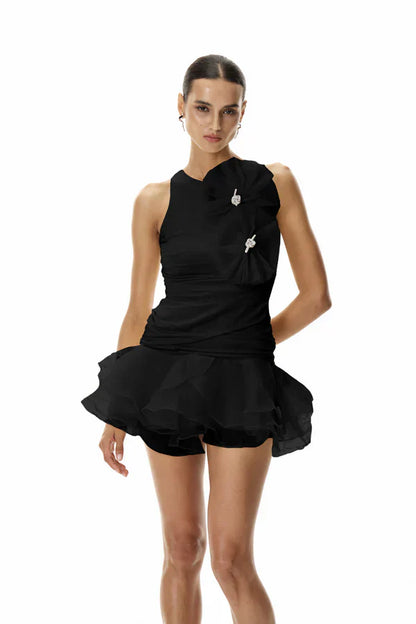 Sleeveless Flowers Mermaid Ruffles Short Mini Party Prom Dress