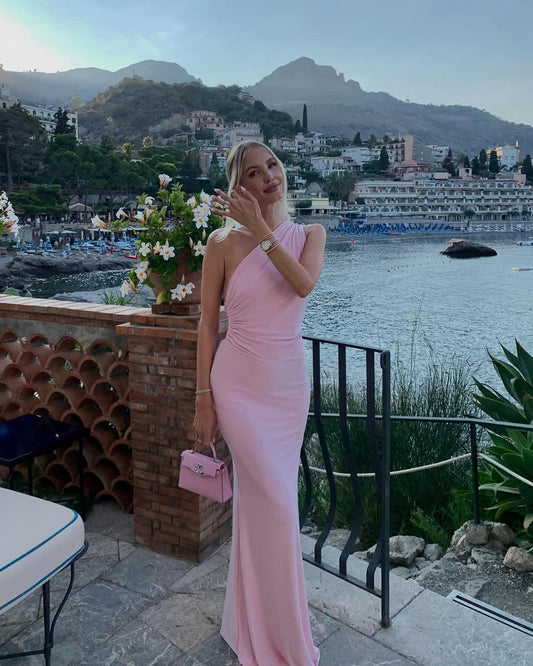 Pink Halter Backless One Shoulder Sleeveless Mermaid Prom Dress
