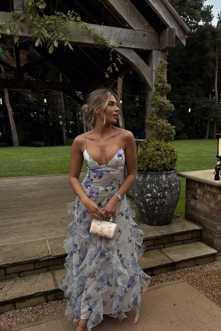 Spaghetti Straps Sleeveless Ruffle Flowers Floral Print Prom Dress