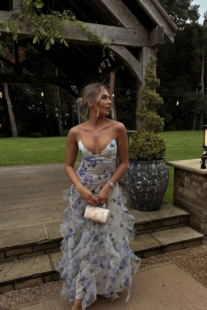Spaghetti Straps Sleeveless Ruffle Flowers Floral Print Prom Dress