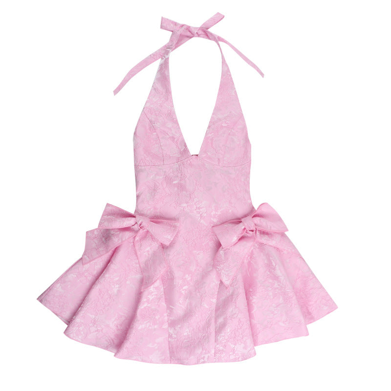Sleeveless Pink Halter Backless Bow A-Line Short Mini Party Prom Dress
