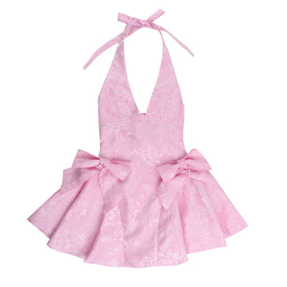 Sleeveless Pink Halter Backless Bow A-Line Short Mini Party Prom Dress
