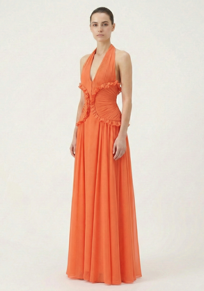 Halter Ruffle A-Line Sleeveless Prom Dress