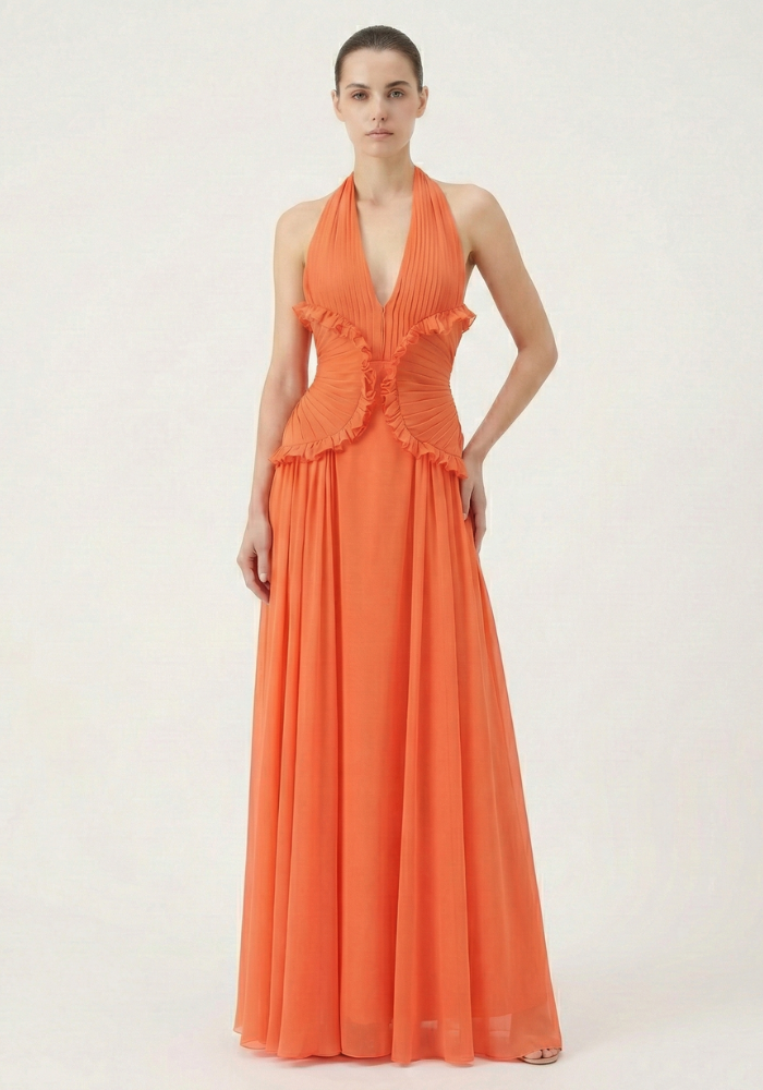 Halter Ruffle A-Line Sleeveless Prom Dress