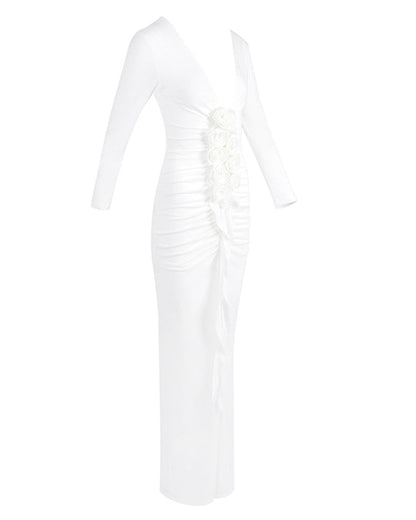 Long Sleeve V-Neck Flowers Mermaid Floor-Length Prom Dress