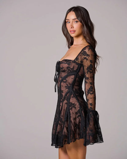 Black Lace Square Neck Long Sleeve A-Line Short Mini Party Prom Dress