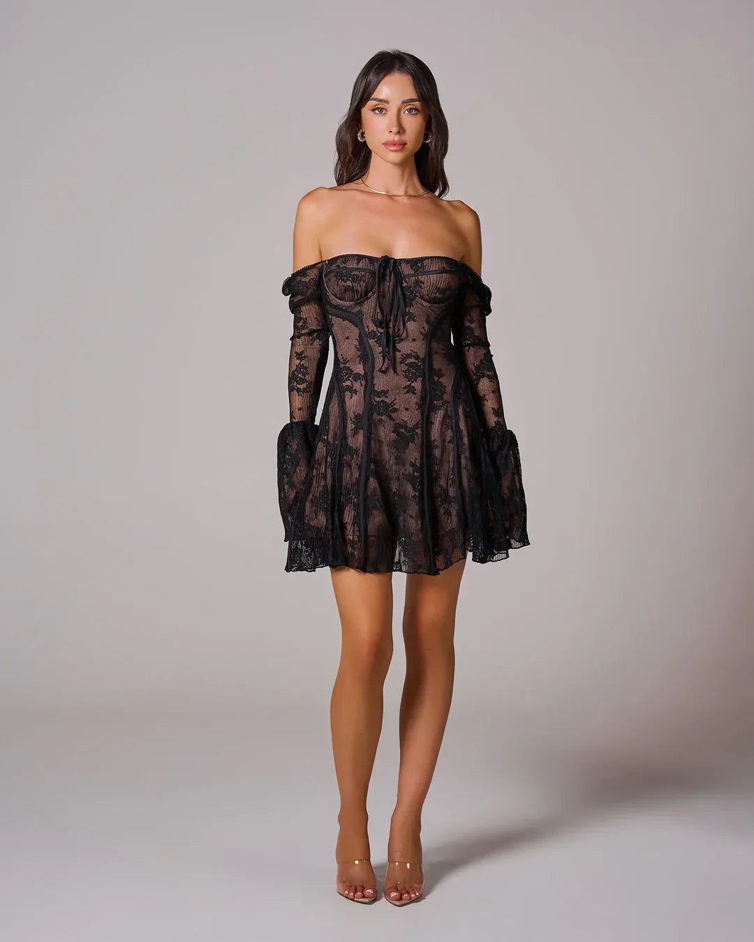Black Lace Square Neck Long Sleeve A-Line Short Mini Party Prom Dress