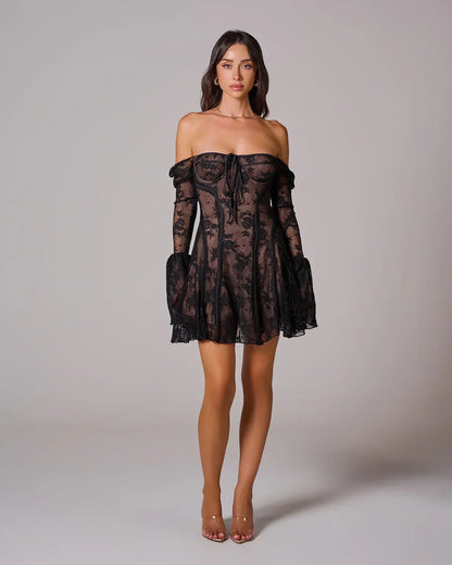 Black Lace Square Neck Long Sleeve A-Line Short Mini Party Prom Dress