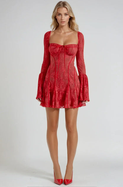 Black Lace Square Neck Long Sleeve A-Line Short Mini Party Prom Dress