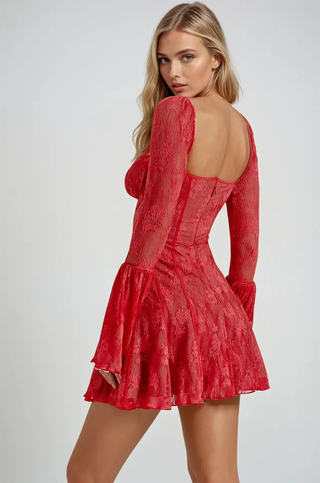 Black Lace Square Neck Long Sleeve A-Line Short Mini Party Prom Dress