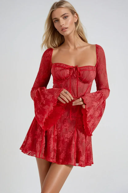 Black Lace Square Neck Long Sleeve A-Line Short Mini Party Prom Dress