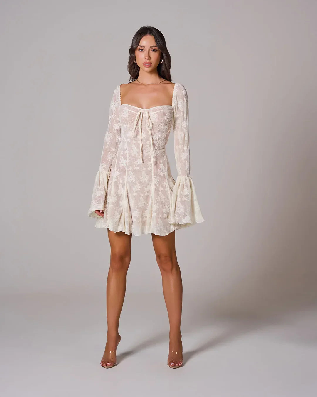 Black Lace Square Neck Long Sleeve A-Line Short Mini Party Prom Dress