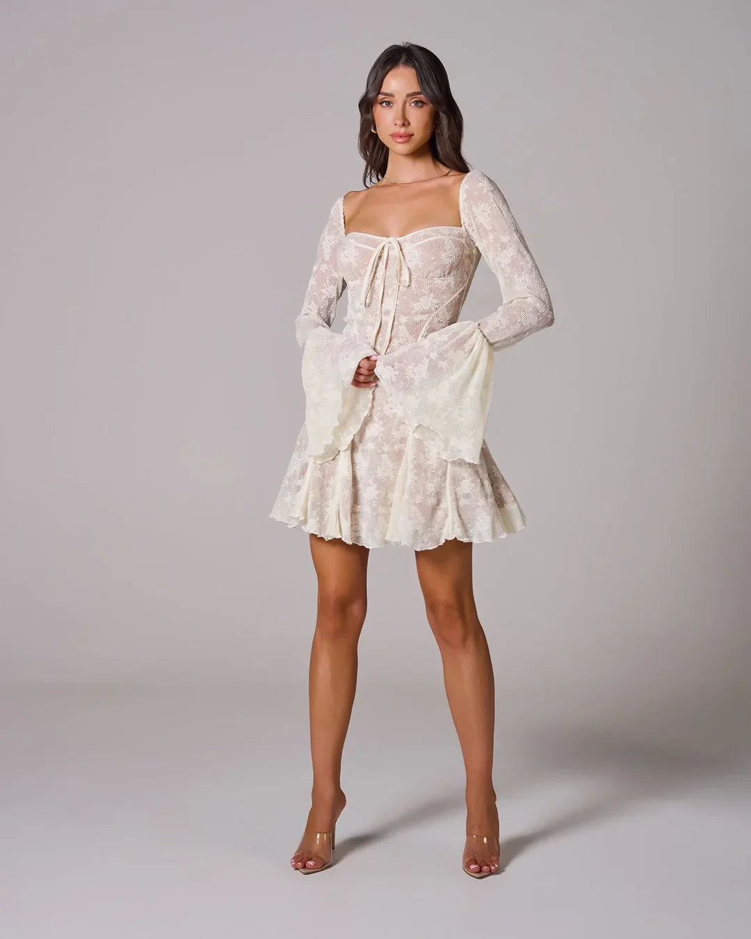 Black Lace Square Neck Long Sleeve A-Line Short Mini Party Prom Dress
