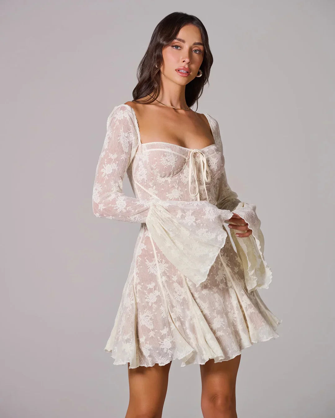 Black Lace Square Neck Long Sleeve A-Line Short Mini Party Prom Dress