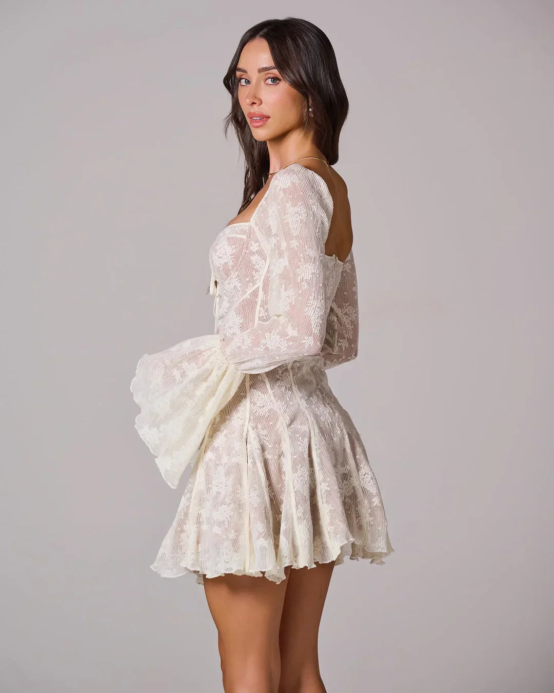 Black Lace Square Neck Long Sleeve A-Line Short Mini Party Prom Dress