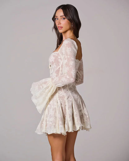Black Lace Square Neck Long Sleeve A-Line Short Mini Party Prom Dress