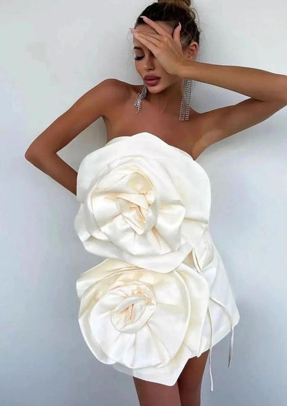 Strapless Sleeveless Flowers Ruffles Tassel Mermaid Short Mini Prom Dress