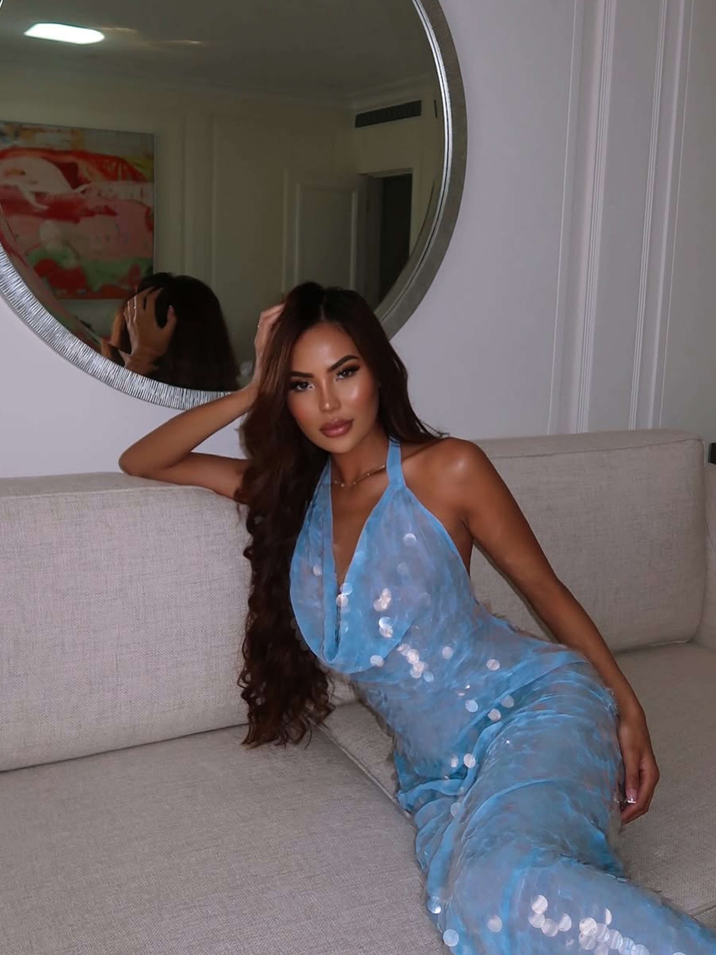 Halter Sleeveless Sequin Mermaid Backless Prom Dress