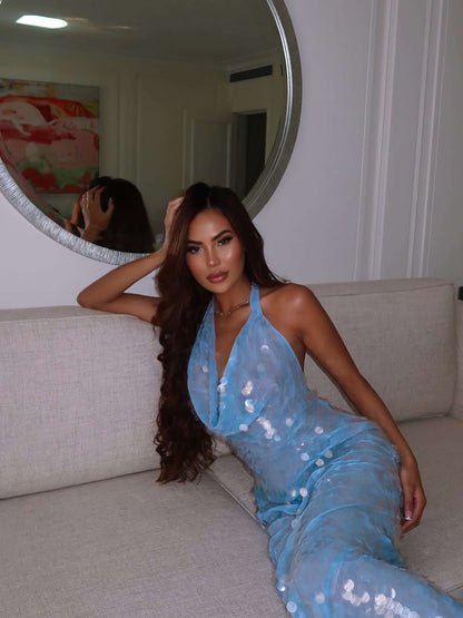 Halter Sleeveless Sequin Mermaid Backless Prom Dress