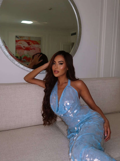Halter Sleeveless Sequin Mermaid Backless Prom Dress
