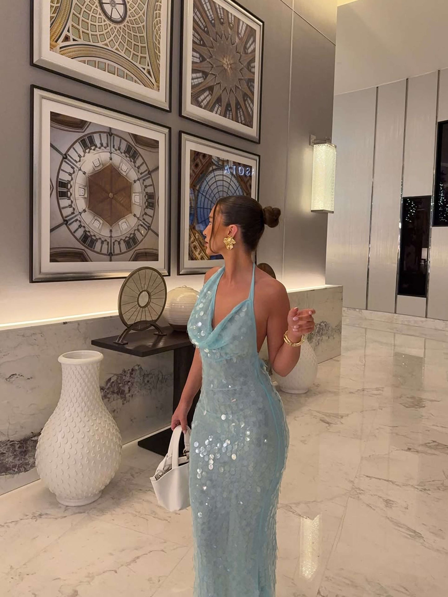 Halter Sleeveless Sequin Mermaid Backless Prom Dress