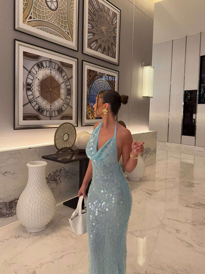 Halter Sleeveless Sequin Mermaid Backless Prom Dress