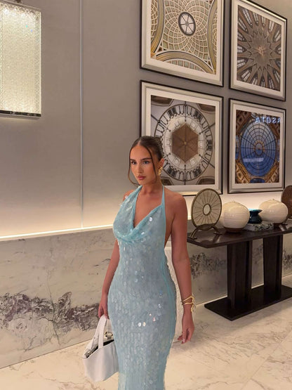 Halter Sleeveless Sequin Mermaid Backless Prom Dress