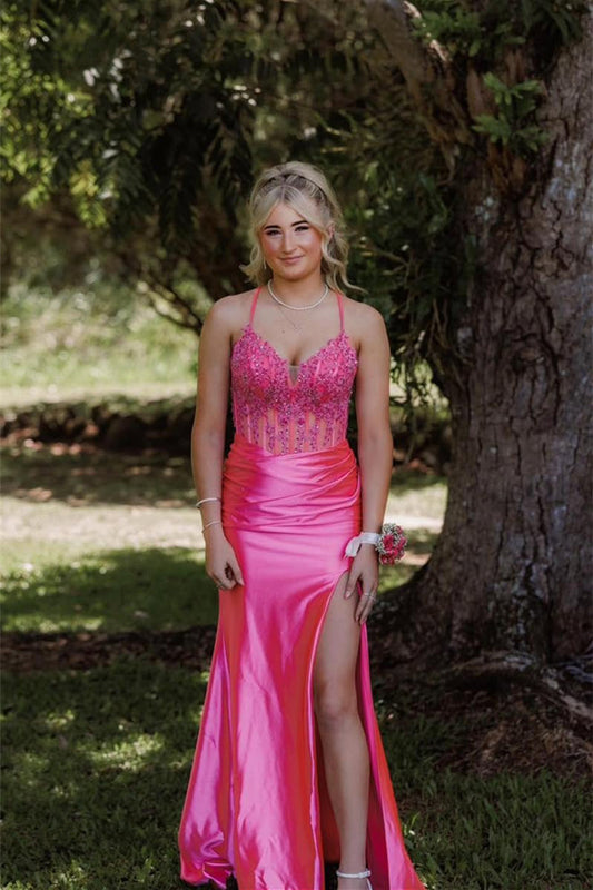 Hot Pink Appliques Mermaid Long Dress with Slit