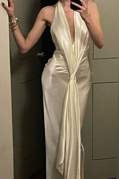 Ivory Satin Halter Neck Deep V-Neck Backless Column Evening Dress with Front Drape Knot
