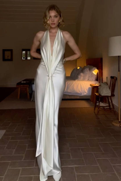 Ivory Satin Halter Neck Deep V-Neck Backless Column Evening Dress with Front Drape Knot