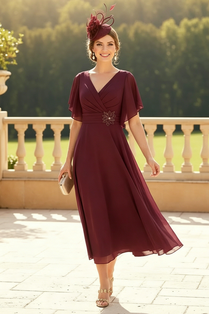 A-Line V-Neck Short Sleeves Tea-Length Chiffon Mother Of The Bride Dresses