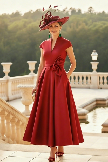 Classic V-Neck Short Sleeves Satin Mother Of The Bride Dresses With 3D Floral