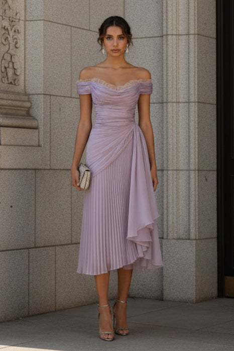 Lavender Ruched Lace Chiffon Off The Shoulder Short Sleeve A-Line Evening Dress