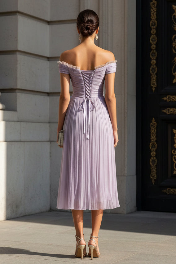 Lavender Ruched Lace Chiffon Off The Shoulder Short Sleeve A-Line Evening Dress