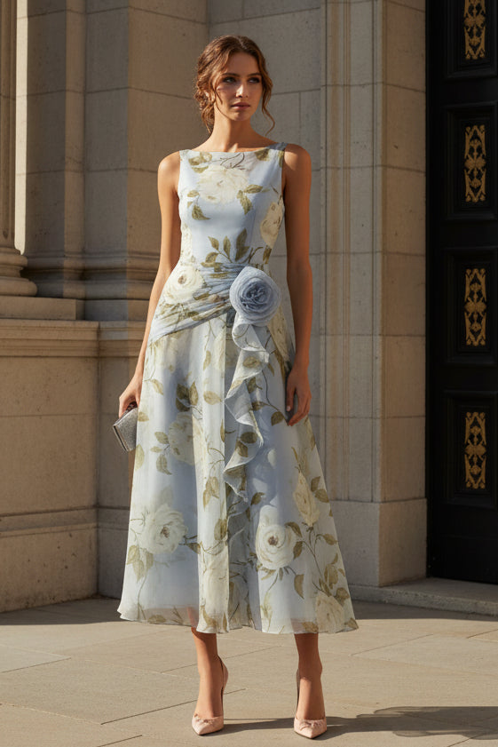 Light Blue 3D Floral Chiffon Boat Neck Sleeveless A-Line Evening Dress