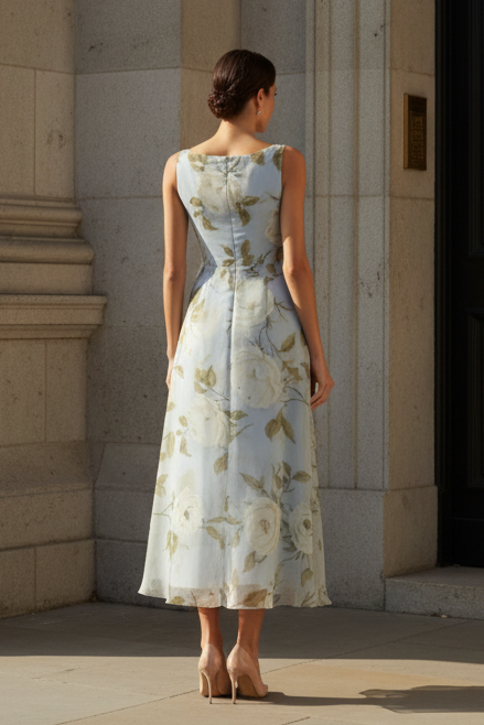 Light Blue 3D Floral Chiffon Boat Neck Sleeveless A-Line Evening Dress