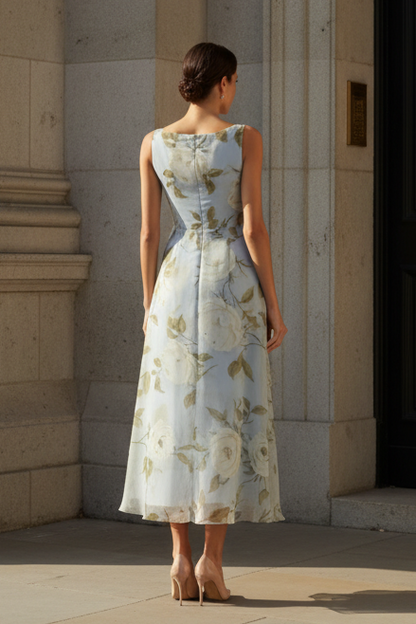 Light Blue 3D Floral Chiffon Boat Neck Sleeveless A-Line Evening Dress