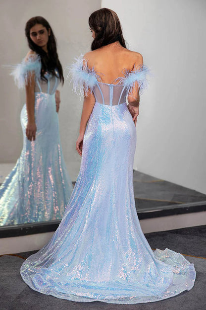 Light Blue Sequin Corset Prom Dress Formal Gown with Feathers